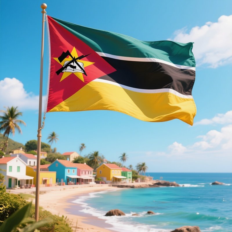 A Photorealistic Mozambican Flag Fluttering Near A Bright Coastal Village.