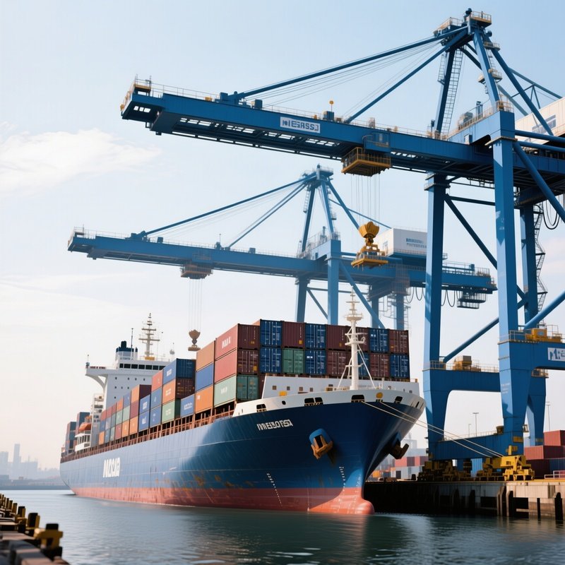 A Photorealistic Multi Crane Terminal Loading A Mega Container Ship With Towering Blue Cranes.