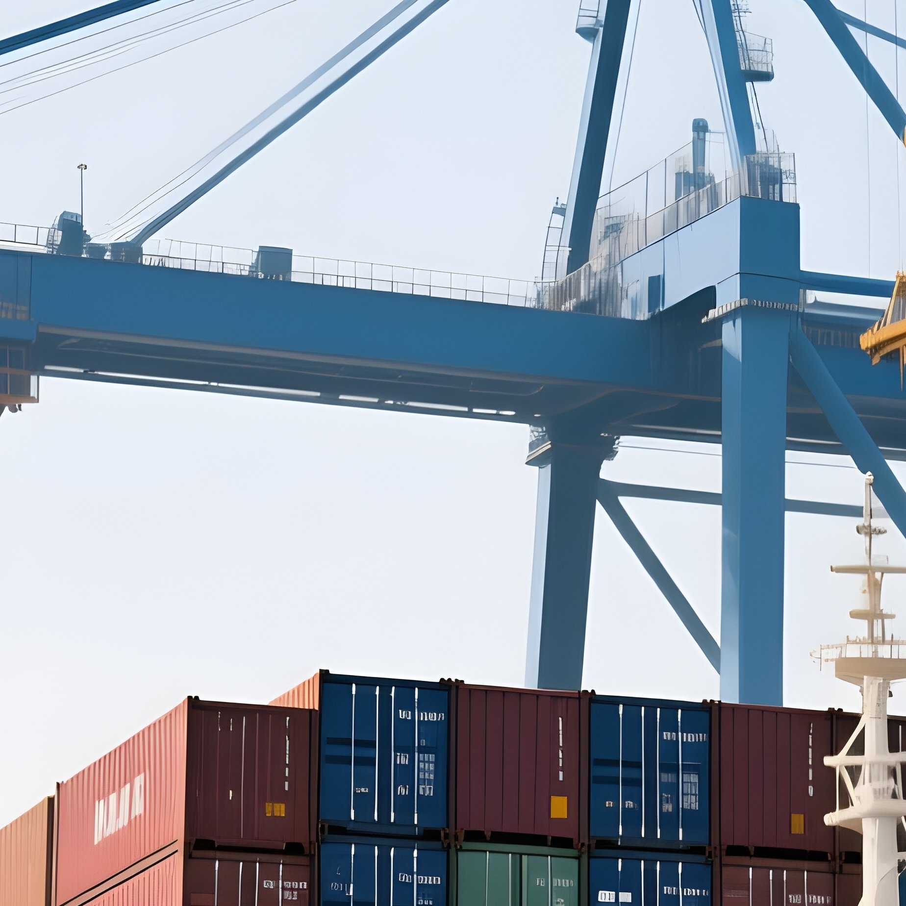 A Photorealistic Multi Crane Terminal Loading A Mega Container Ship With Towering Blue Cranes. - Full Resolution Quality Preview