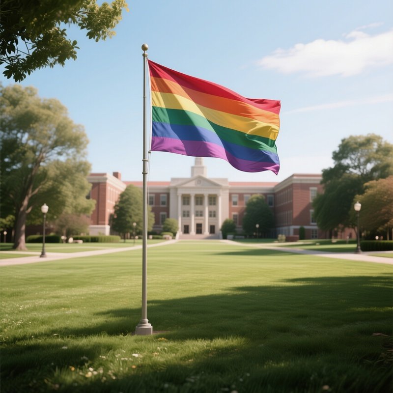 A Photorealistic Multigender Flag Fluttering Near A University Campus Lawn.
