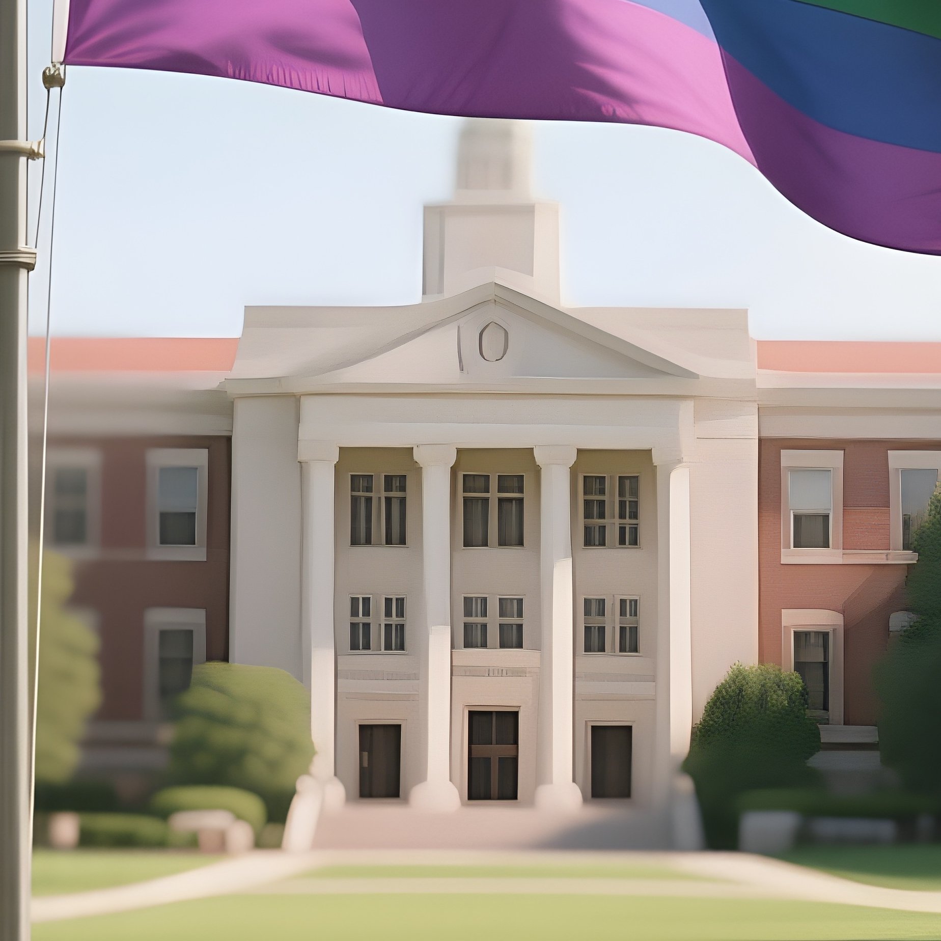 A Photorealistic Multigender Flag Fluttering Near A University Campus Lawn. - Full Resolution Quality Preview