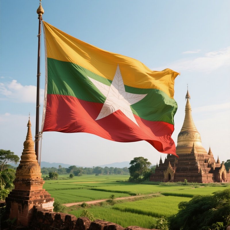 A Photorealistic Myanmar Flag Waving Near A Pagoda Surrounded By Green Fields.