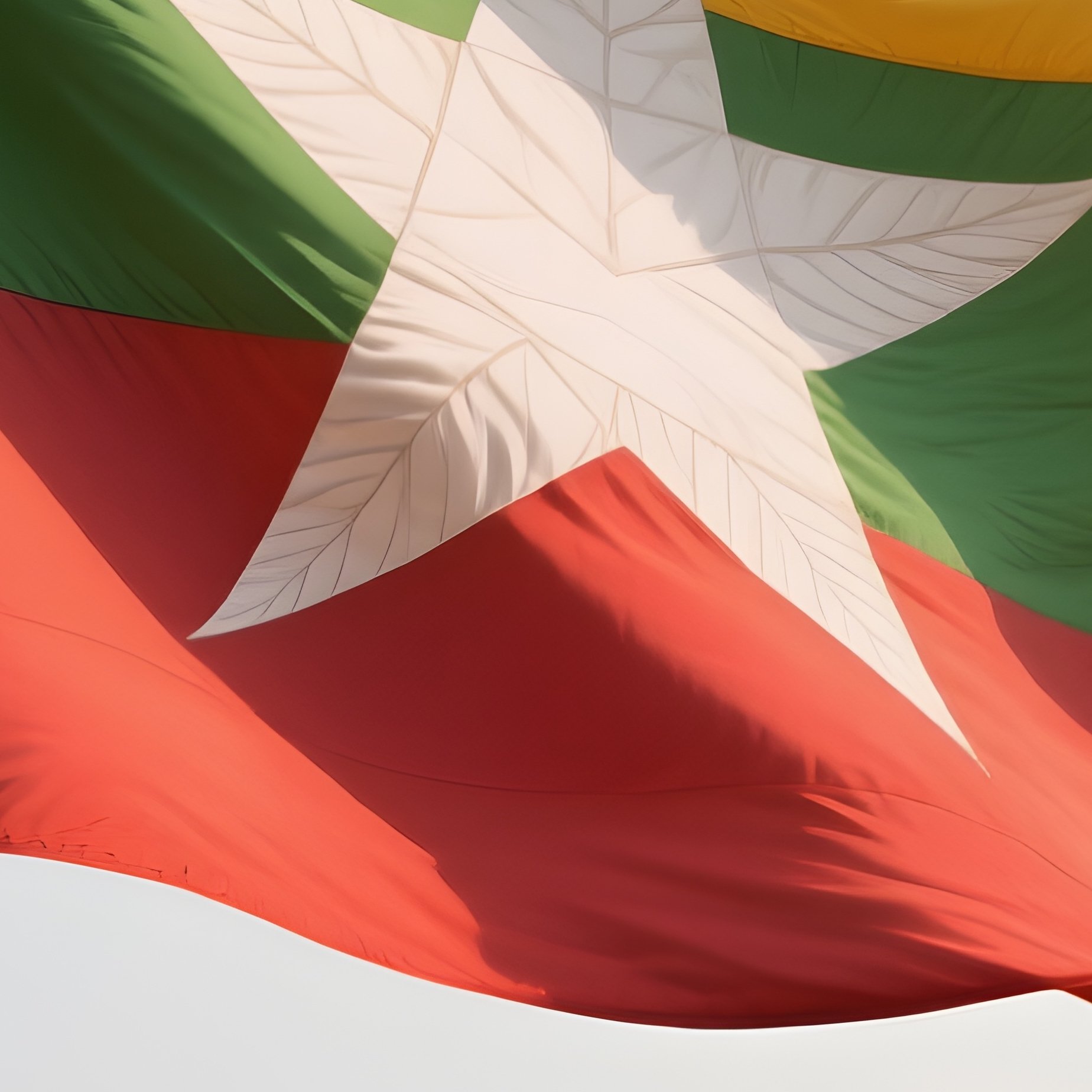 A Photorealistic Myanmar Flag Waving Near A Pagoda Surrounded By Green Fields. - Full Resolution Quality Preview