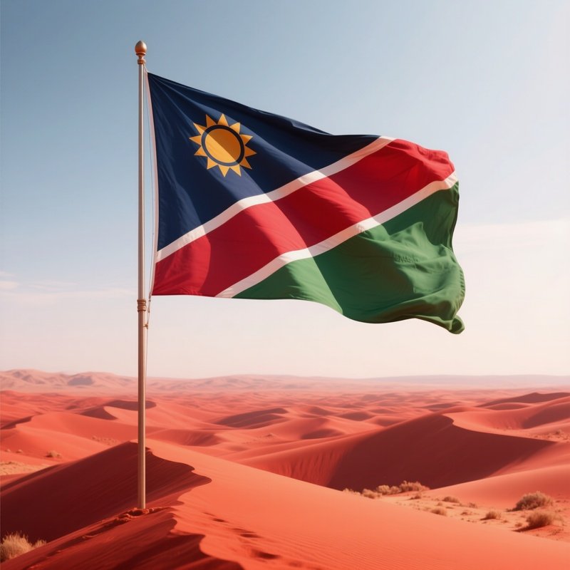A Photorealistic Namibian Flag Fluttering Over Vast Red Desert Dunes.