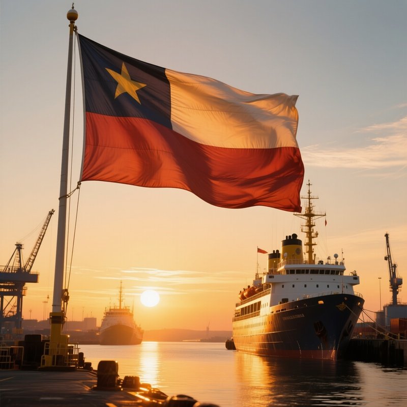 A Photorealistic National Ship Flag Catching Golden Sunset Light As The Vessel Approaches Port.