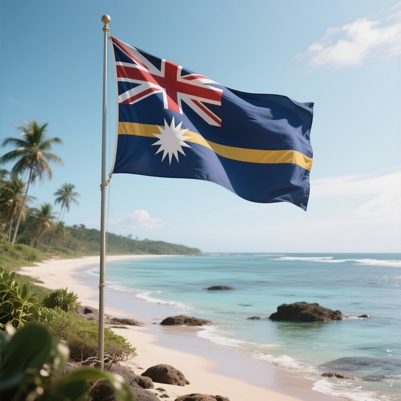 A Photorealistic Nauruan Flag Waving Beside A Quiet Reef Coastline.