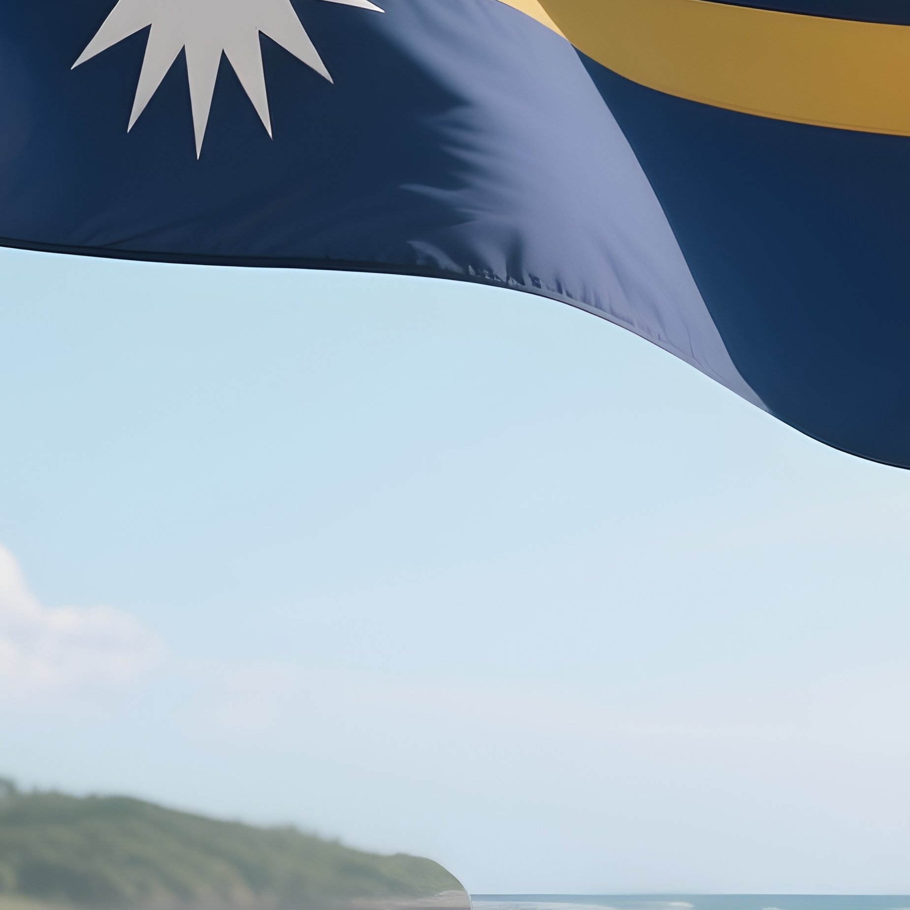A Photorealistic Nauruan Flag Waving Beside A Quiet Reef Coastline. - Full Resolution Quality Preview