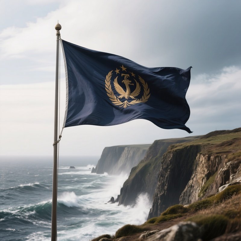 A Photorealistic Navy Style Flag Whipping In Powerful Coastal Winds Near Cliffs.