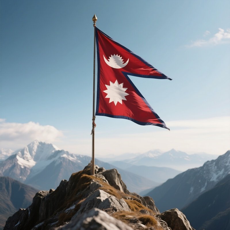 A Photorealistic Nepalese Flag Fluttering Proudly On A High Altitude Ridge.