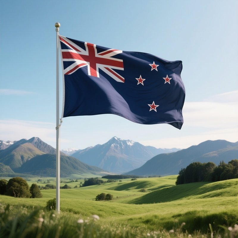 A Photorealistic New Zealand Flag Waving Above A Rolling Green Pasture With Distant Peaks.