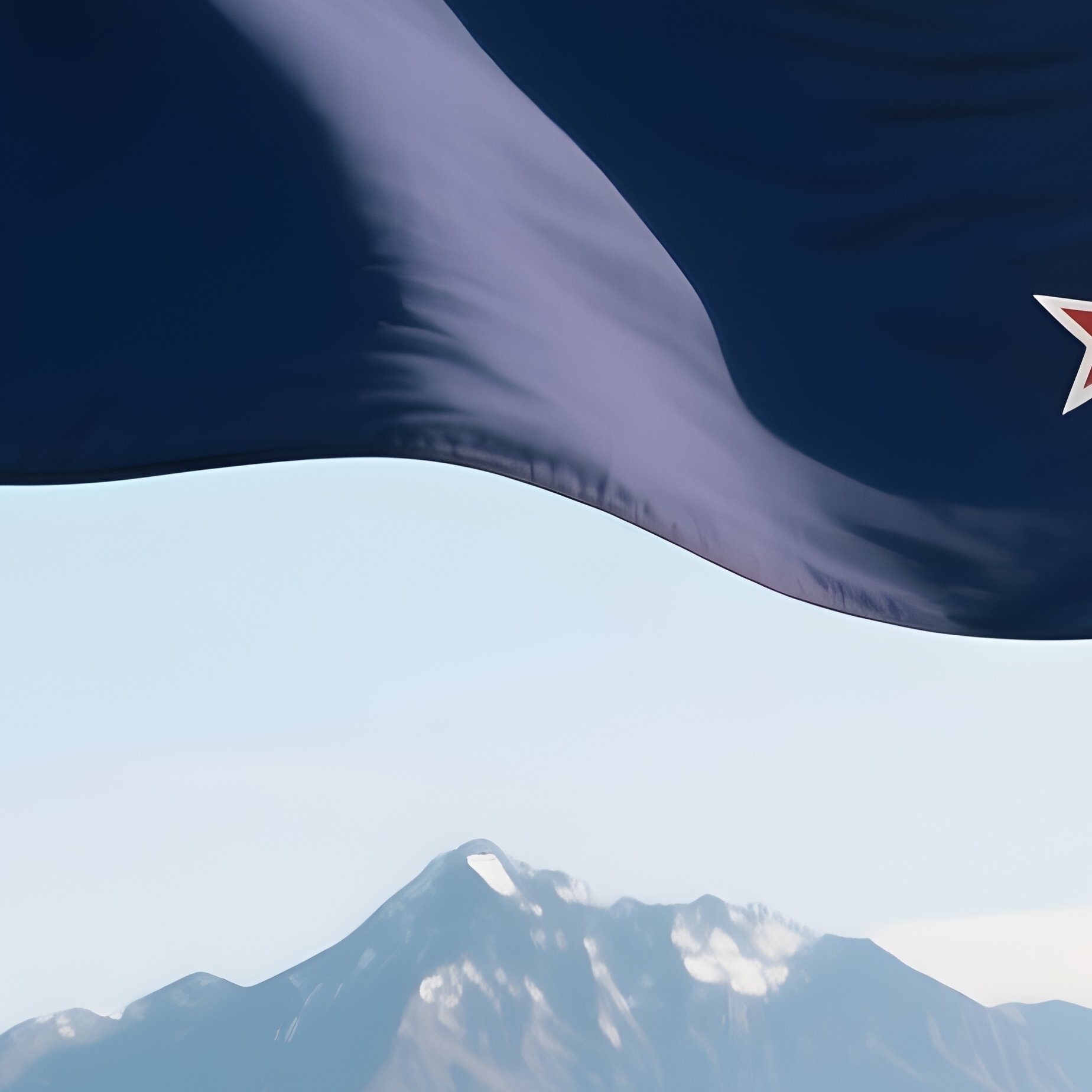 A Photorealistic New Zealand Flag Waving Above A Rolling Green Pasture With Distant Peaks. - Full Resolution Quality Preview