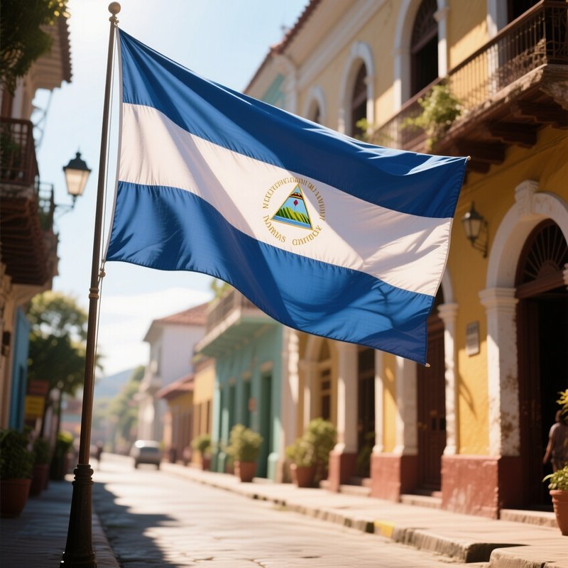 A Photorealistic Nicaraguan Flag Fluttering Near A Sunlit Colonial Street.