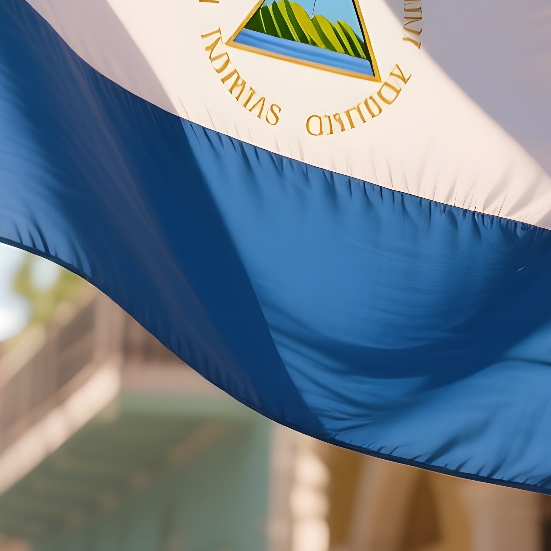 A Photorealistic Nicaraguan Flag Fluttering Near A Sunlit Colonial Street. - Full Resolution Quality Preview