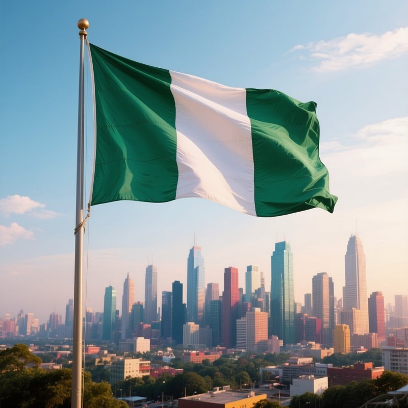 A Photorealistic Nigerian Flag Fluttering Beside A Vibrant City Skyline.