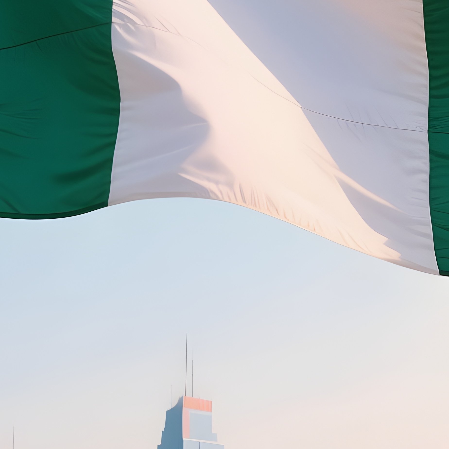 A Photorealistic Nigerian Flag Fluttering Beside A Vibrant City Skyline. - Full Resolution Quality Preview