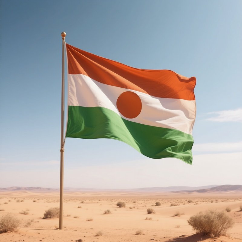 A Photorealistic Nigerien Flag Waving Across An Open Desert Plain.