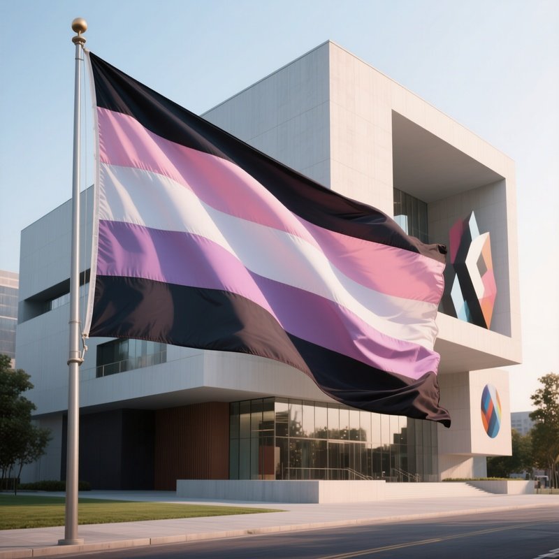 A Photorealistic Nonbinary Flag Rippling Beside A Contemporary Art Museum.