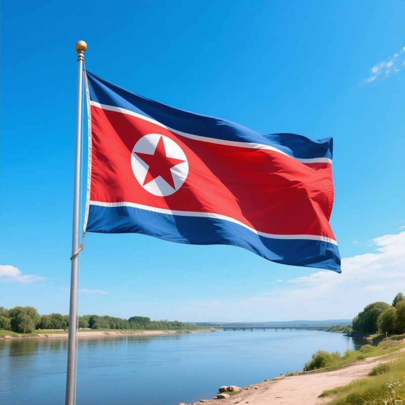 A Photorealistic North Korean Flag Waving Near A Calm Riverside Under Bright Blue Sky.