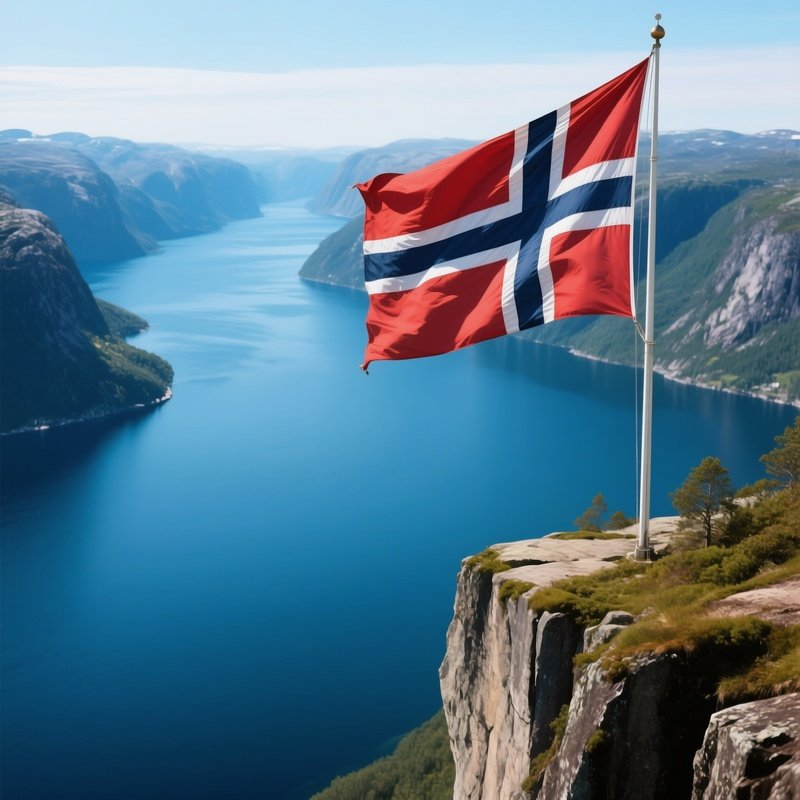 A Photorealistic Norwegian Flag Flying On A Cliffside Overlooking A Deep Blue Fjord.