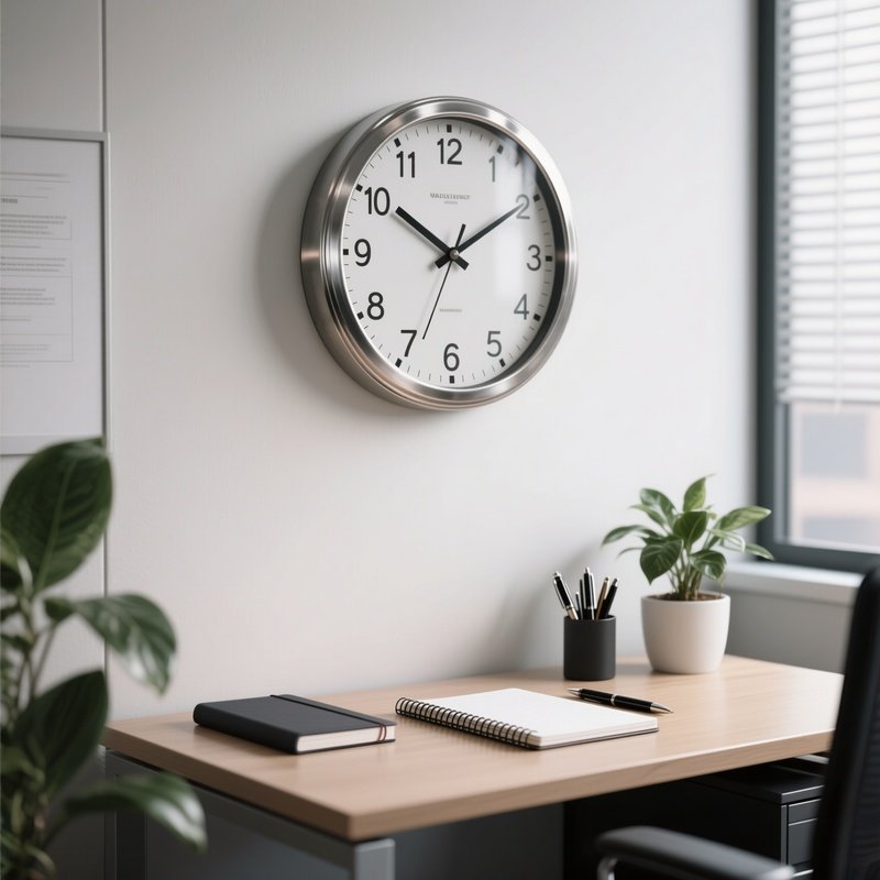A Photorealistic Office Wall Clock With A Steel Frame Above A Neat Workstation Containing A Notebook, Pen, And Plant.