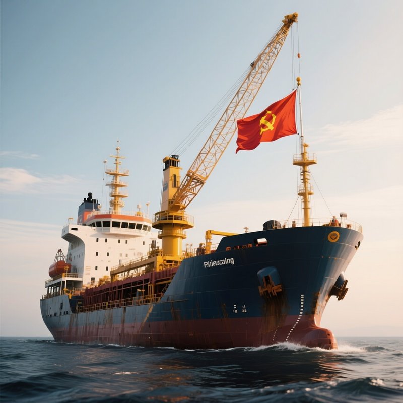 A Photorealistic Offshore Supply Ship With A Bright Flag Flying Near Its Crane Assembly.