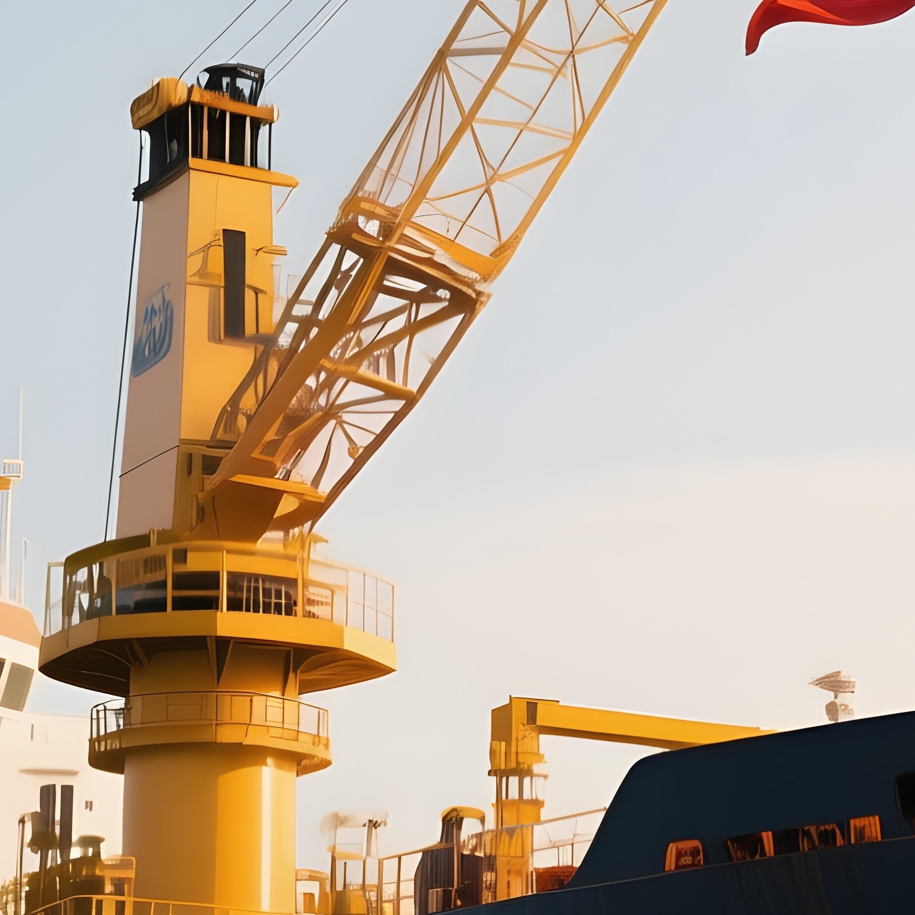 A Photorealistic Offshore Supply Ship With A Bright Flag Flying Near Its Crane Assembly. - Full Resolution Quality Preview