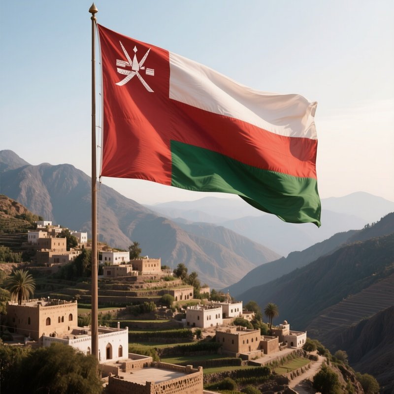 A Photorealistic Omani Flag Fluttering Above Terraced Mountain Villages.