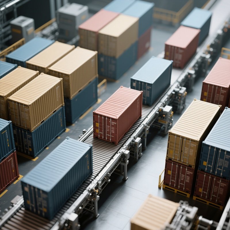 A Photorealistic Overhead Conveyor System Transporting Containers Between Storage Blocks.