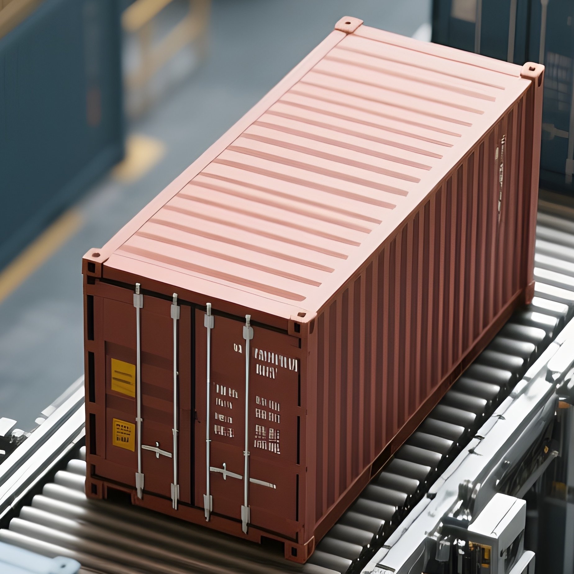 A Photorealistic Overhead Conveyor System Transporting Containers Between Storage Blocks. - Full Resolution Quality Preview