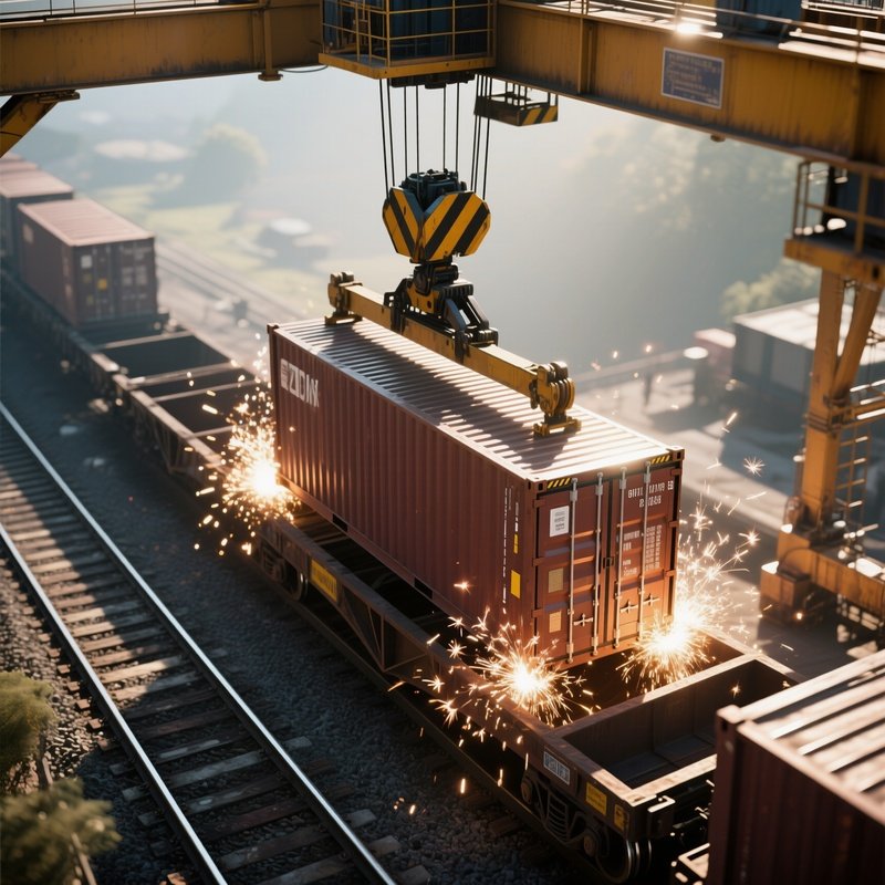 A Photorealistic Overhead Crane Sliding A Container Precisely Onto A Railcar With Sparks Of Sunlight Glinting Off The Steel Frame.