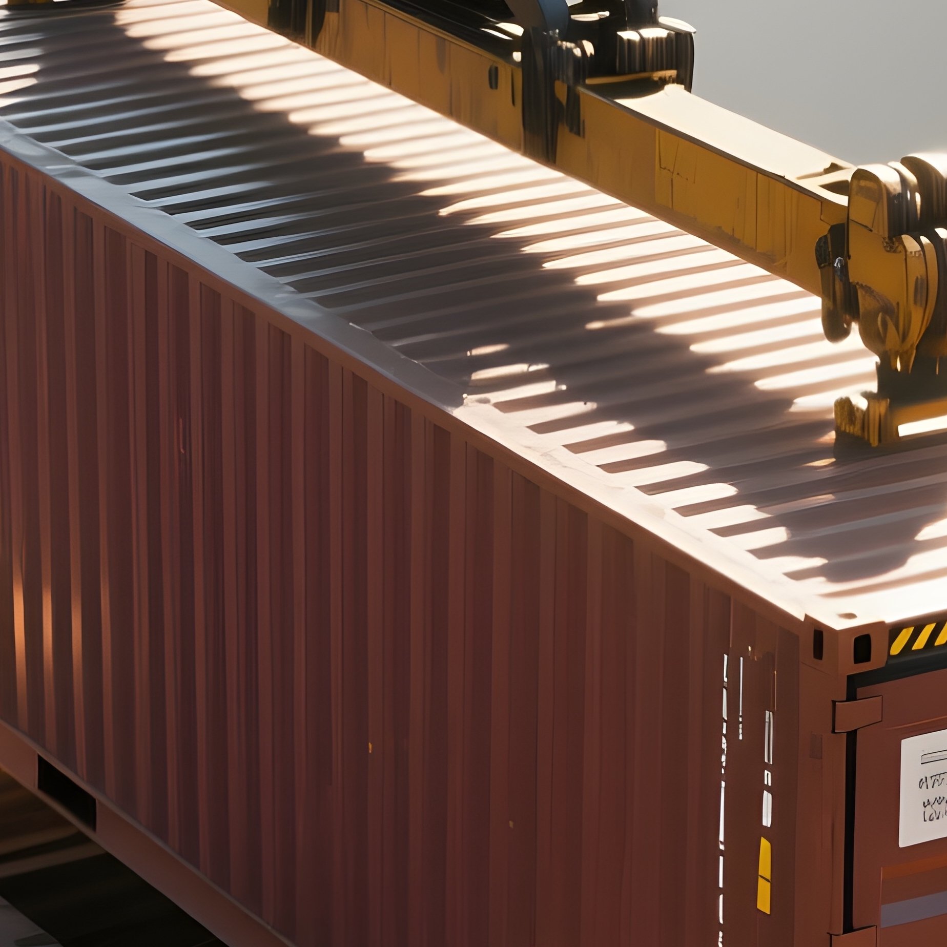 A Photorealistic Overhead Crane Sliding A Container Precisely Onto A Railcar With Sparks Of Sunlight Glinting Off The Steel Frame. - Full Resolution Quality Preview