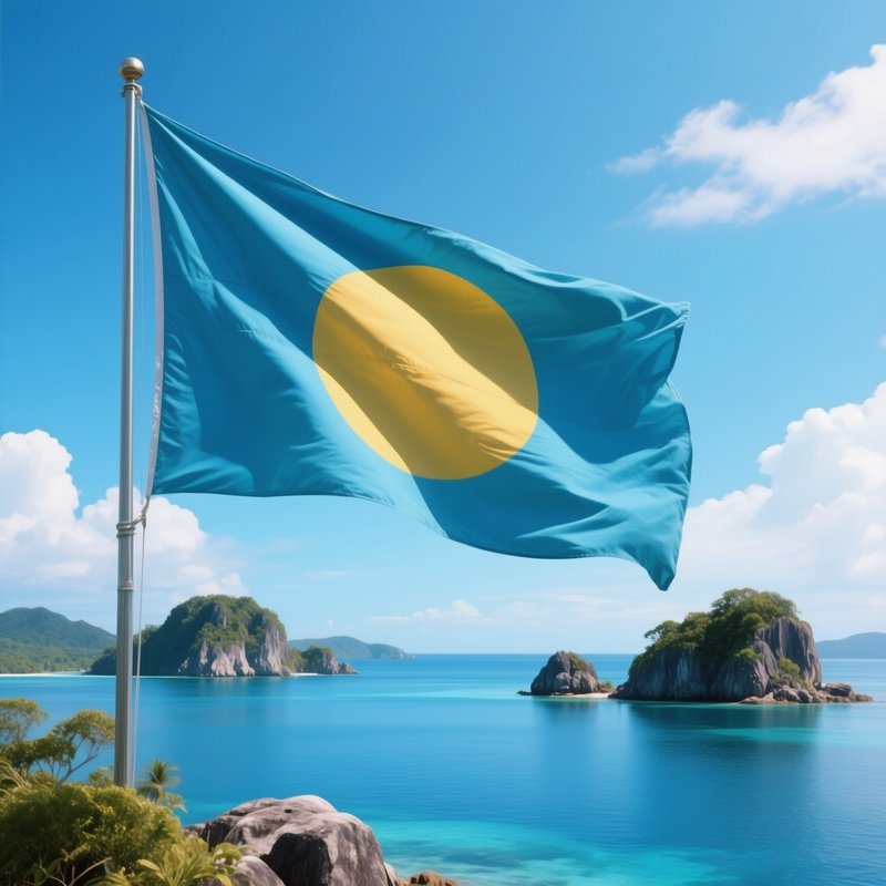A Photorealistic Palauan Flag Fluttering Near A Calm Blue Lagoon With Rock Islands.