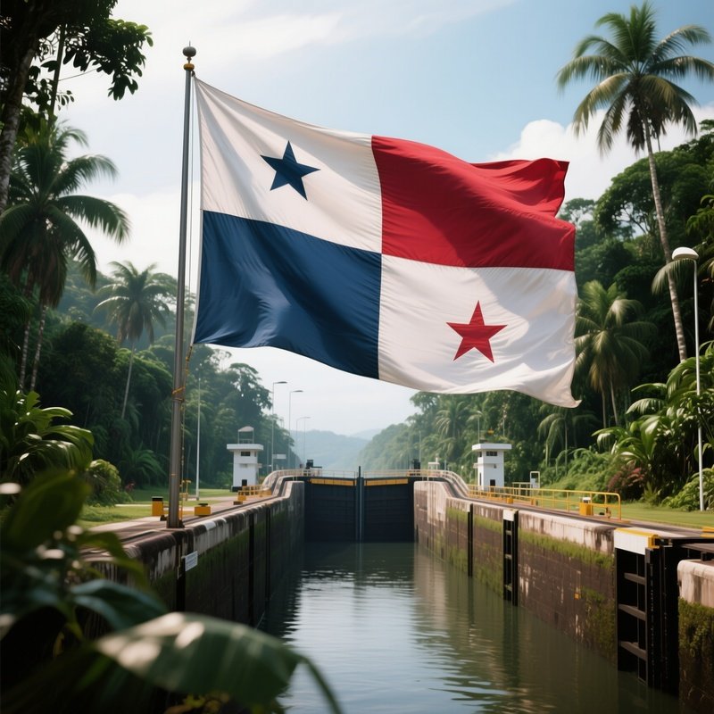 A Photorealistic Panamanian Flag Waving Near A Canal Lock Surrounded By Jungle.