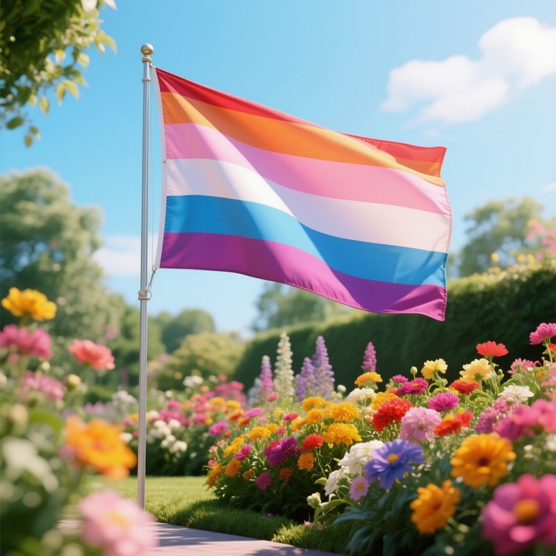 A Photorealistic Pansexual Flag Waving Beside A Colorful Flower Garden In Bright Daylight.