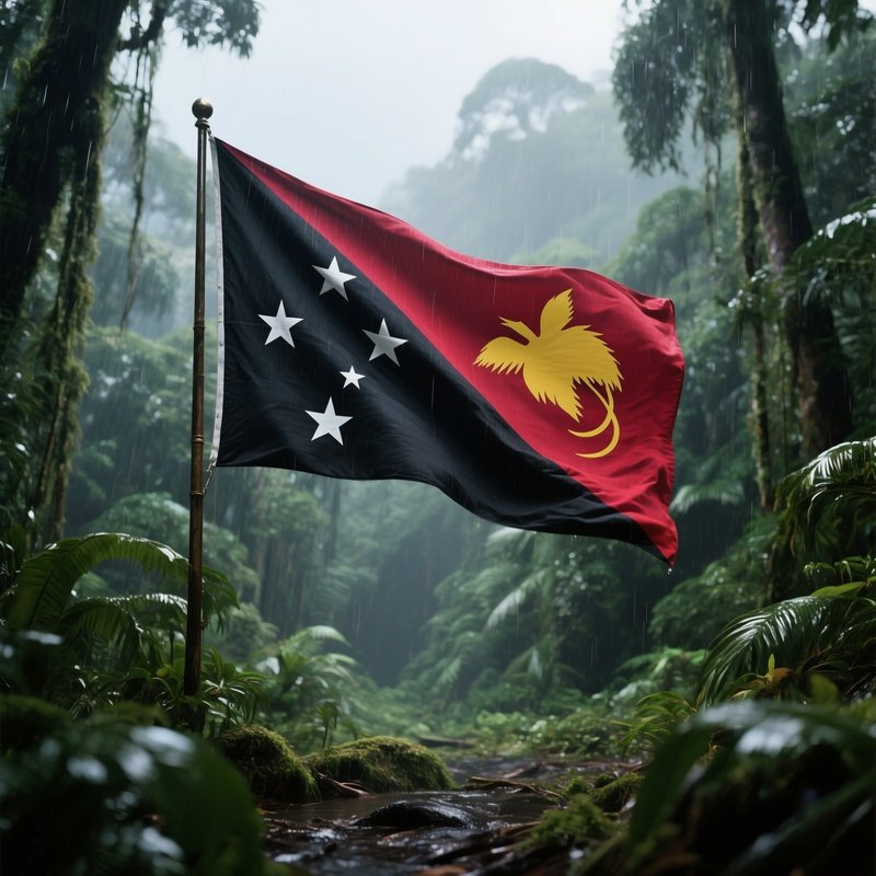 A Photorealistic Papua New Guinea Flag Waving Near A Rainforest Clearing.