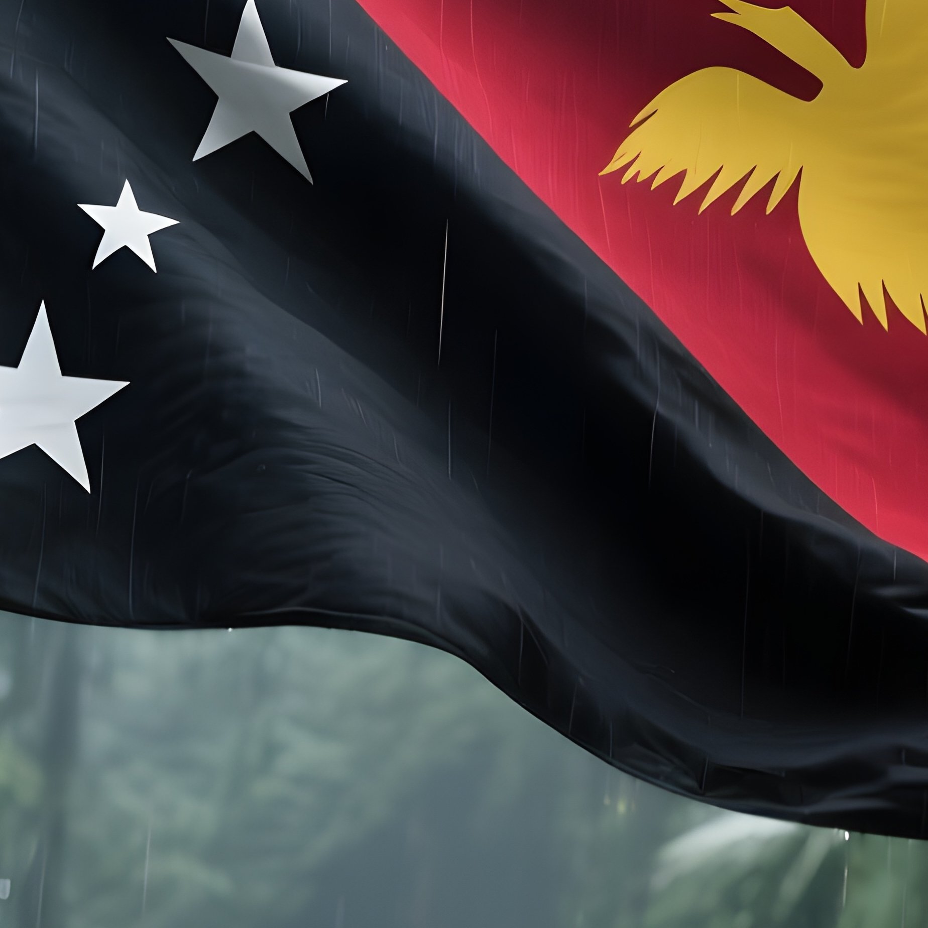 A Photorealistic Papua New Guinea Flag Waving Near A Rainforest Clearing. - Full Resolution Quality Preview