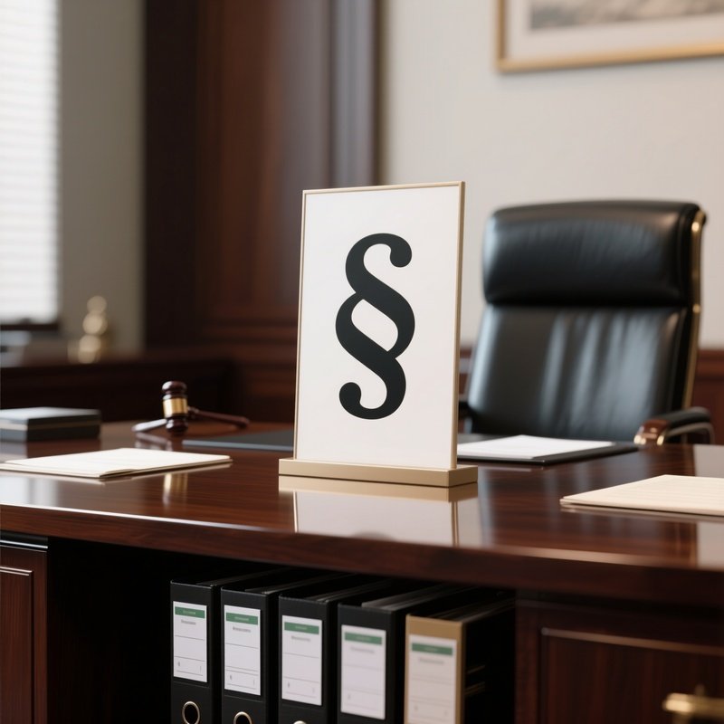 A Photorealistic Paragraph Sign (§) Standing Upright On A Polished Lawyer’S Table With Case Files Underneath.