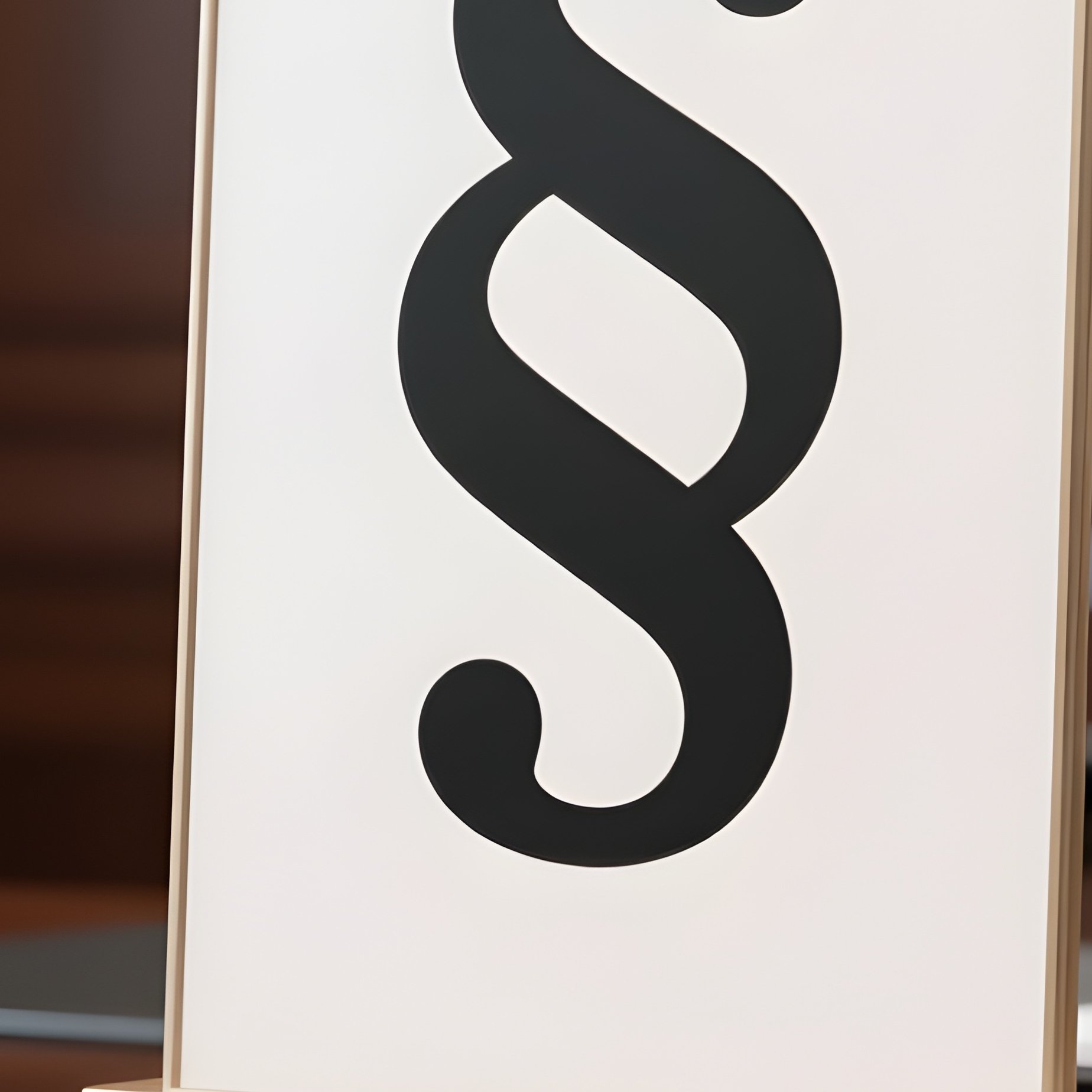 A Photorealistic Paragraph Sign (§) Standing Upright On A Polished Lawyer’S Table With Case Files Underneath. - Full Resolution Quality Preview