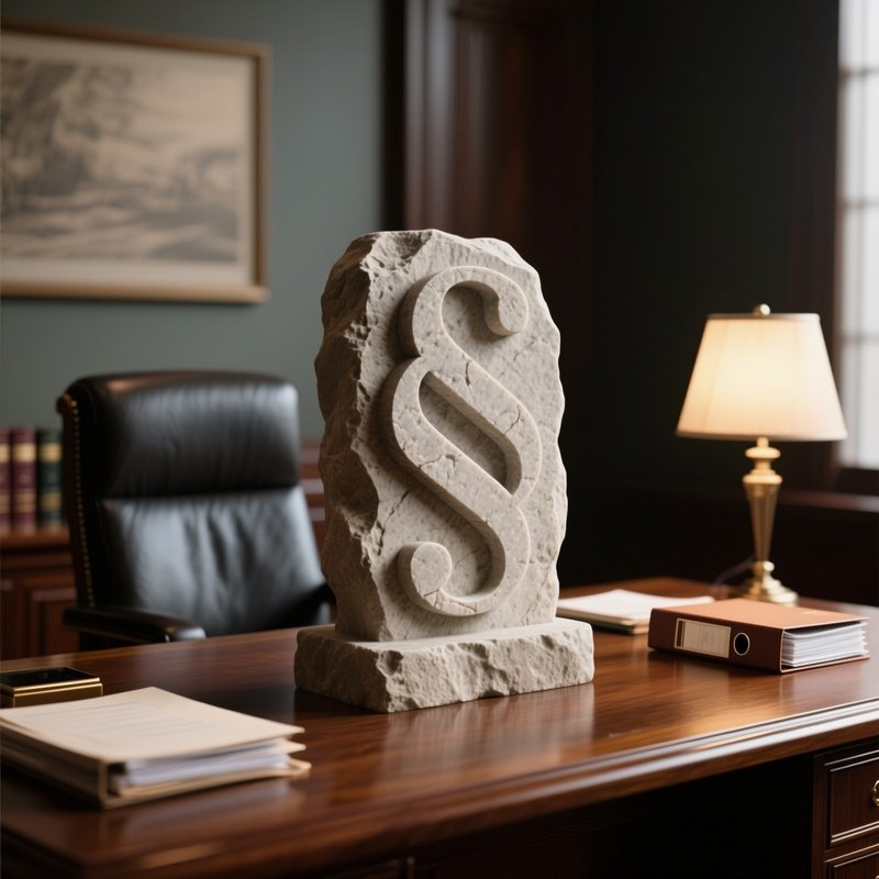A Photorealistic Paragraph Symbol Carved From Stone On A Lawyer’S Wooden Desk With Legal Folders And Soft Lamp Lighting.