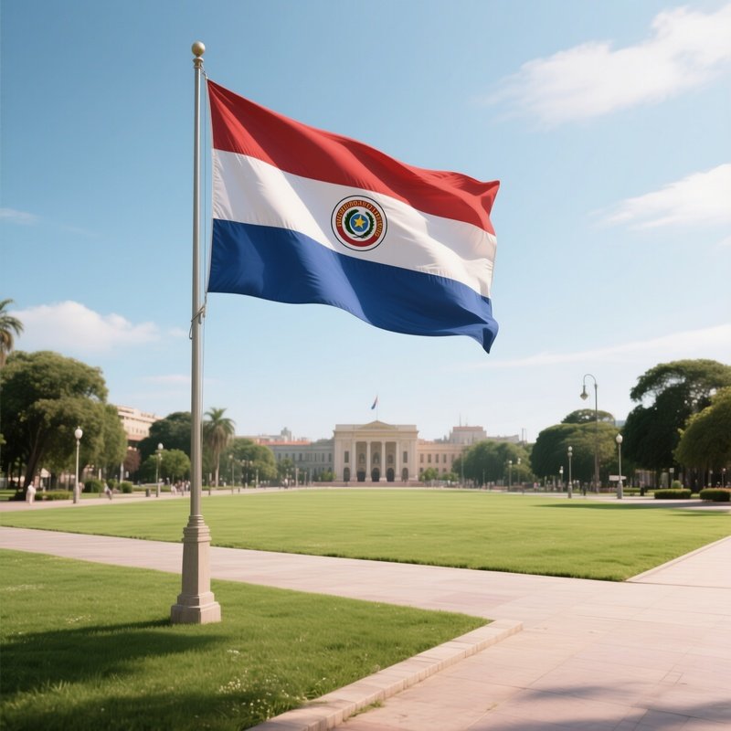 A Photorealistic Paraguayan Flag Fluttering Beside A Broad Grassy Plaza.