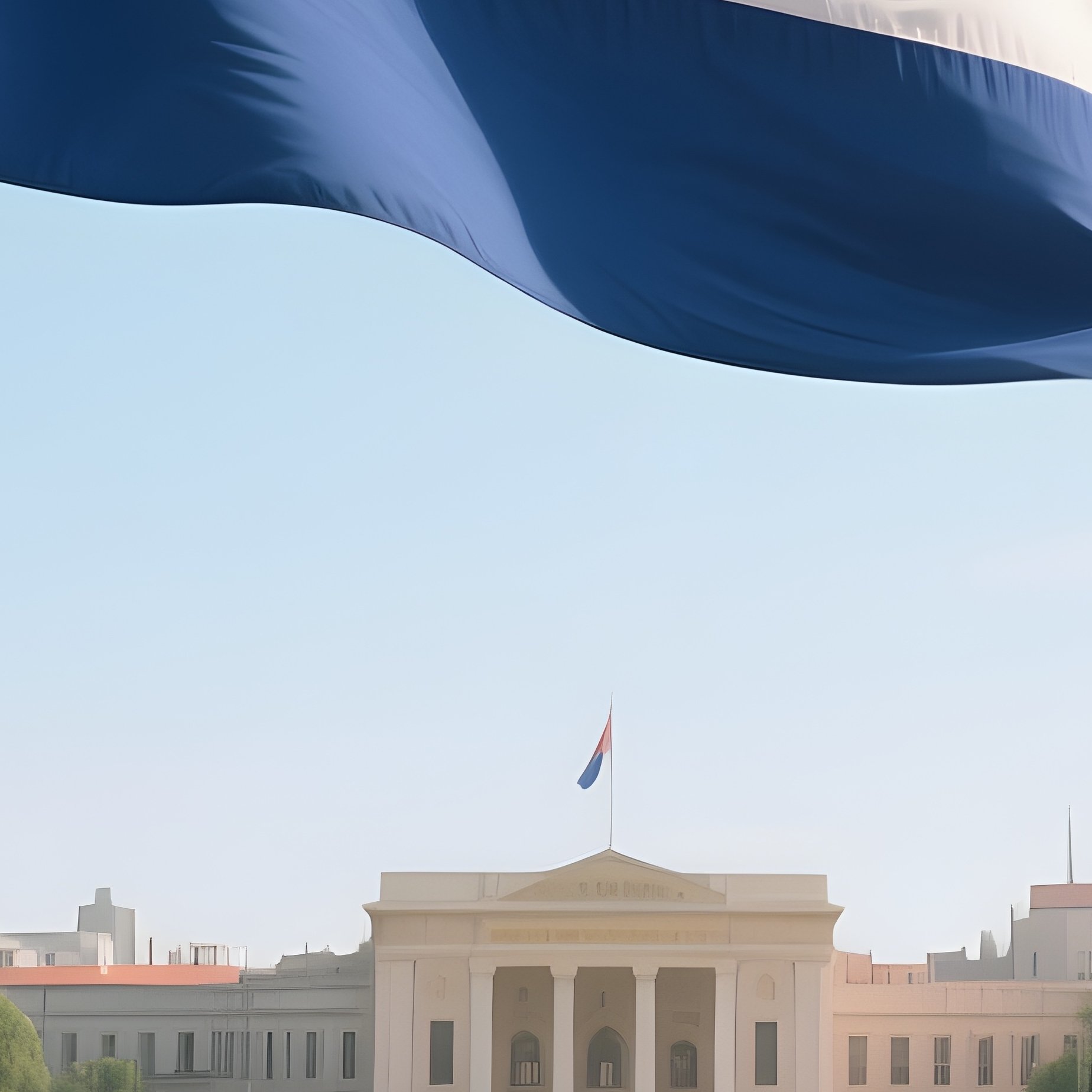 A Photorealistic Paraguayan Flag Fluttering Beside A Broad Grassy Plaza. - Full Resolution Quality Preview