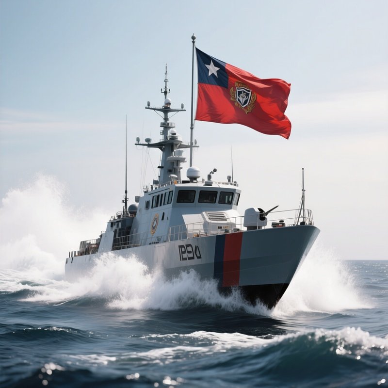 A Photorealistic Patrol Craft With A Bold Flag Standing Out In White Ocean Spray.