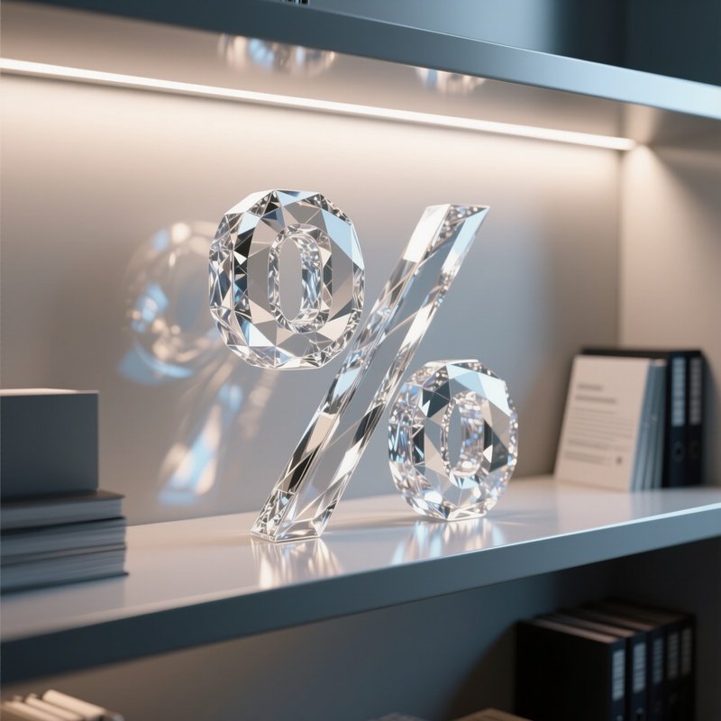 A Photorealistic Percent Sign Made Of Crystal Displayed On A Ceo’S Shelf With Soft Spotlight Reflections.