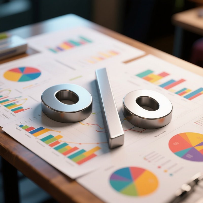 A Photorealistic Percent Symbol Made Of Matte Steel Lying On A Table Covered In Colorful Market Analysis Charts.