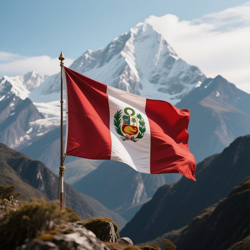A Photorealistic Peruvian Flag Waving Against A Backdrop Of Towering Andean Peaks.