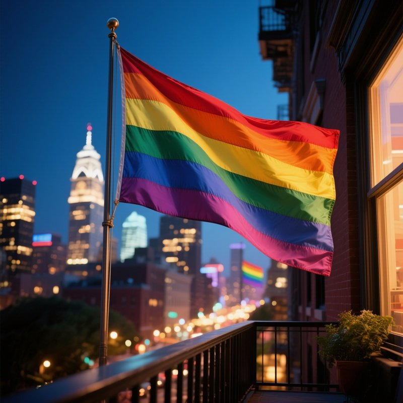 A Photorealistic Philadelphia Pride Flag Waving On A Balcony With City Lights Behind It.
