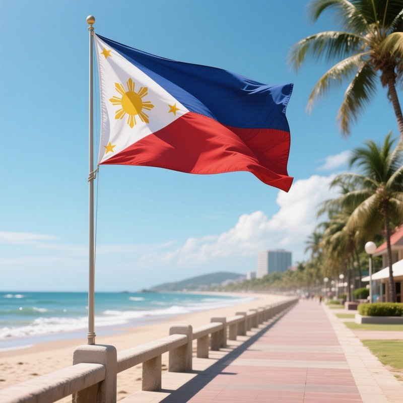 A Photorealistic Philippine Flag Fluttering Above A Beachfront Promenade.