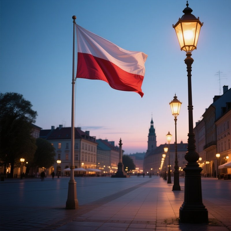 A Photorealistic Polish Flag Waving Beside A Calm City Square With Glowing Lanterns At Dusk.