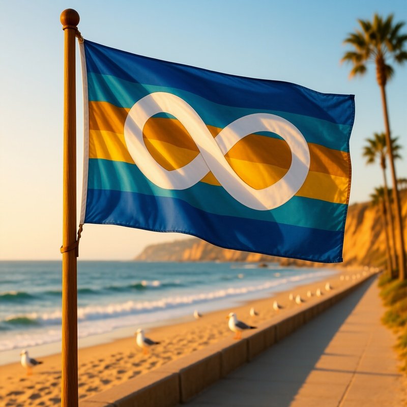 A Photorealistic Polyamory Infinity Heart Flag Waving Near A Peaceful Coastal Walkway