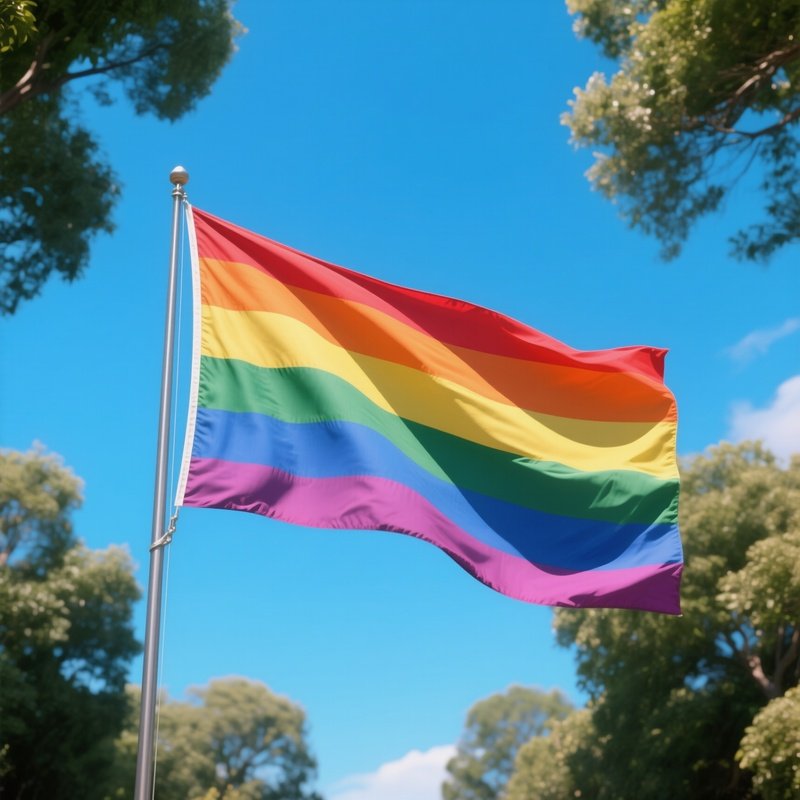 A Photorealistic Polysexual Flag Waving Under A Clear Blue Sky With Trees In The Background.